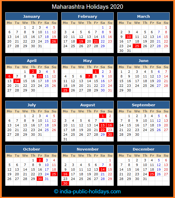Maharashtra Holiday Calendar 2020